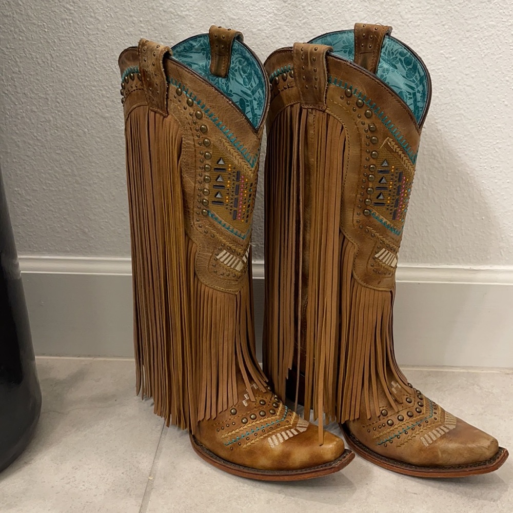 Corral Tan and Teal Fringe Heeled Boots - Picture 5 of 8